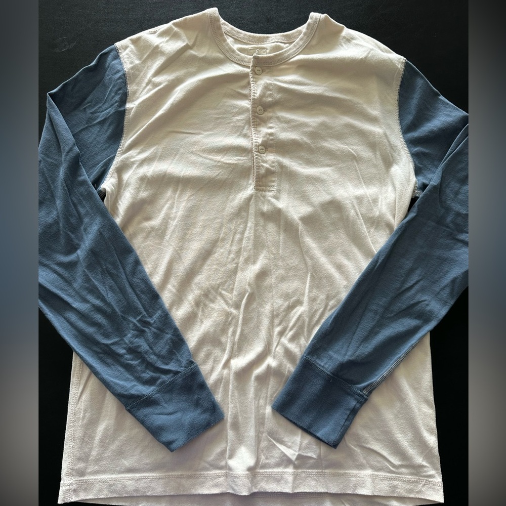 J. Crew White Henley with Blue Raglan Sleeves